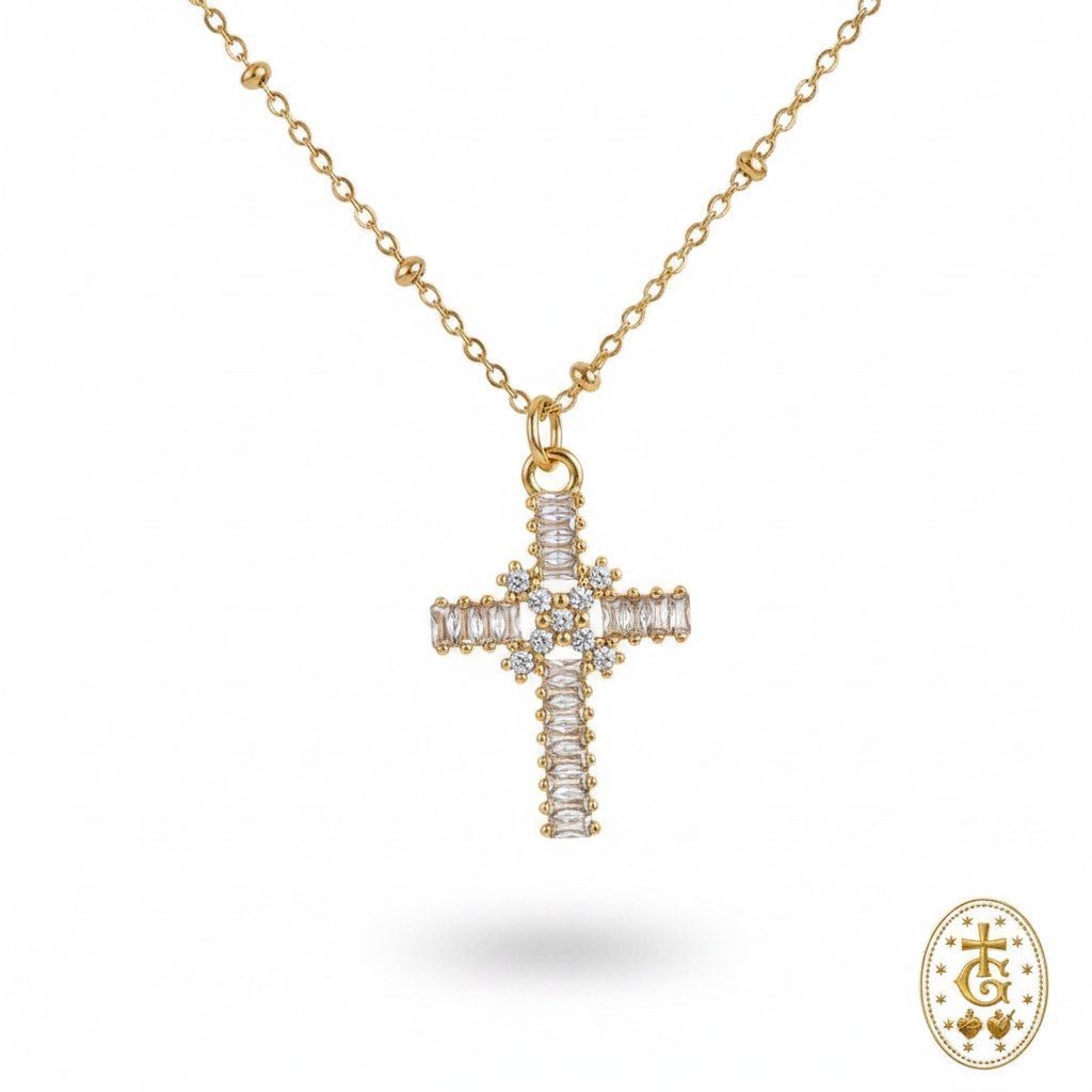 Collier croix strass baguette dorée 3 cm cristaux Éclat Radiant bijou religieux corse Gloriosa Santa