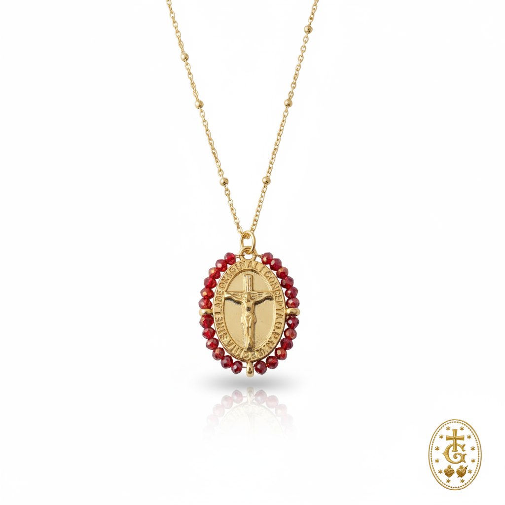 Collier médaille crucifix émail perles rouges acier doré vintage bijou religieux corse Gloriosa Santa
