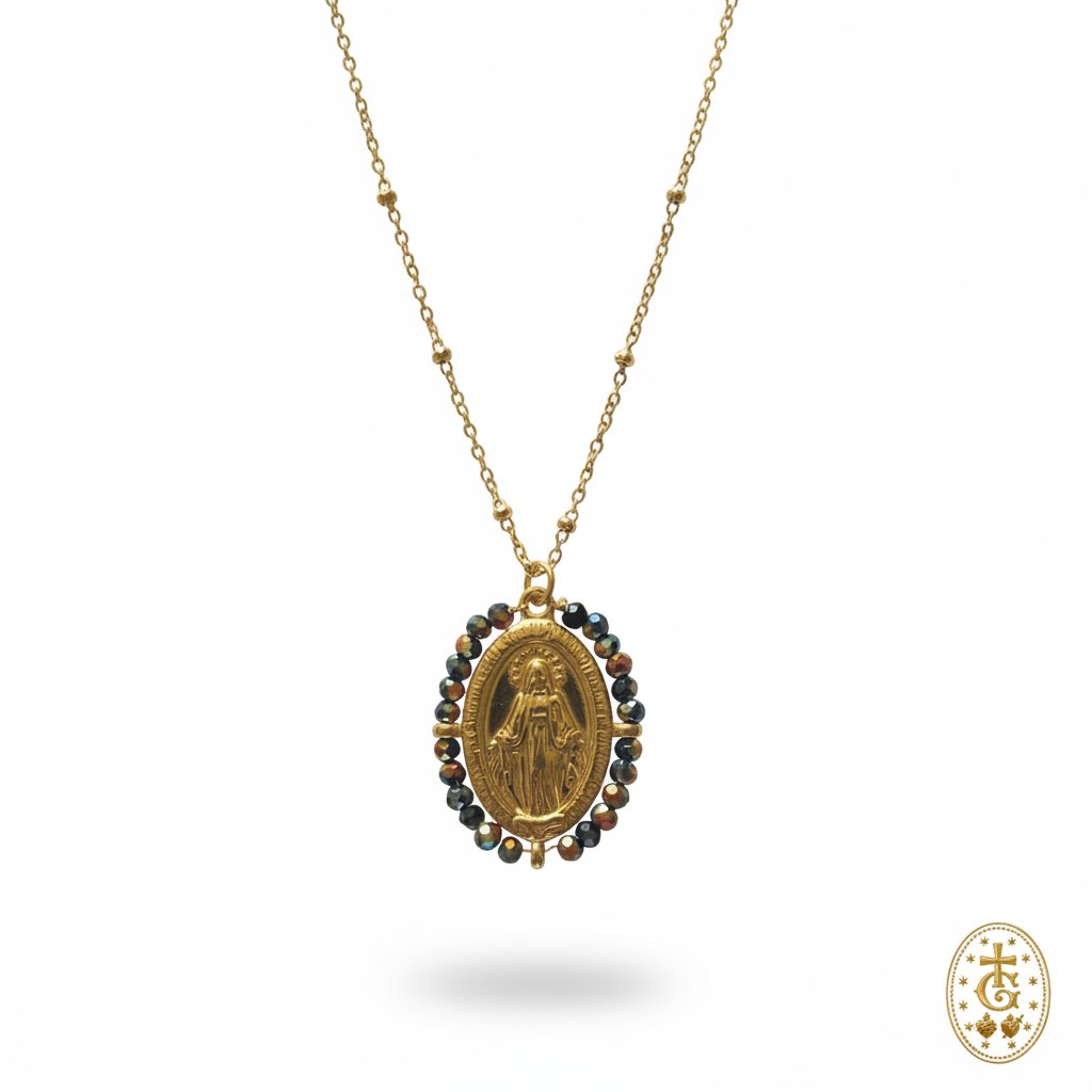 Collier doré avec pendentif médaille miraculeuse et perles foncées, gloriosa.