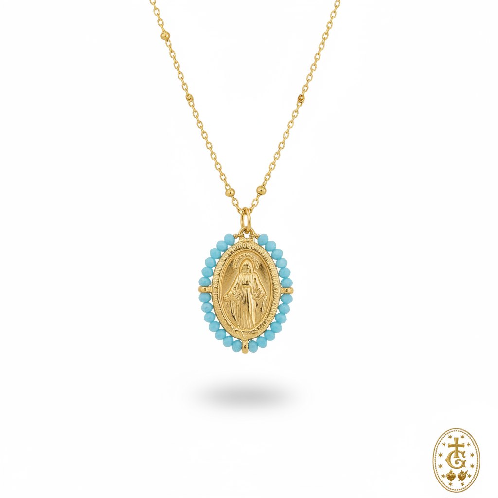 Collier médaille Vierge Marie perles facettées turquoise 2,5 cm bijou religieux corse Gloriosa Santa