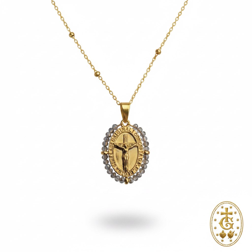 Collier médaille crucifix émail perles grises acier doré vintage bijou religieux corse Gloriosa Santa
