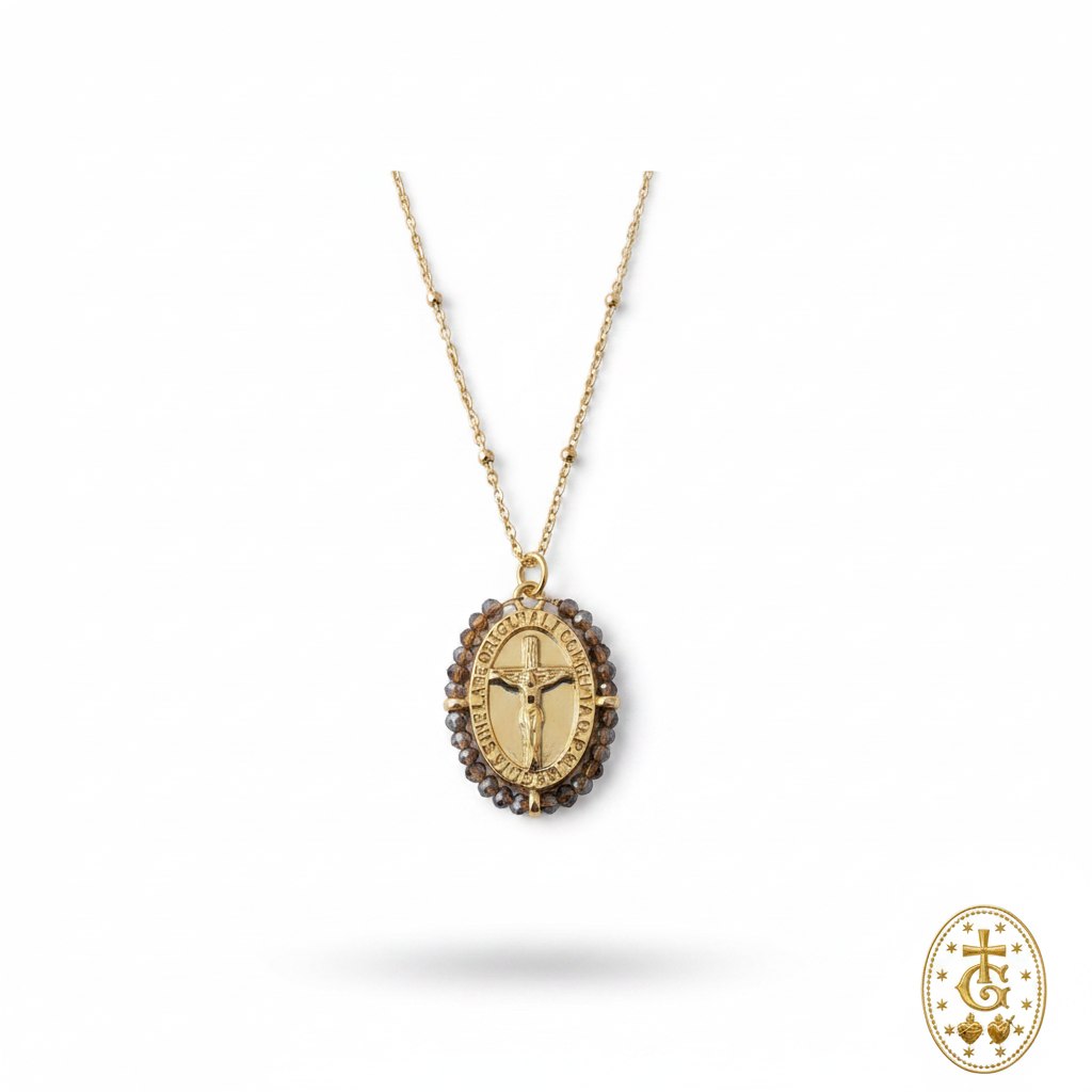 Collier médaille crucifix émail perles ambre acier doré vintage bijou religieux corse Gloriosa Santa