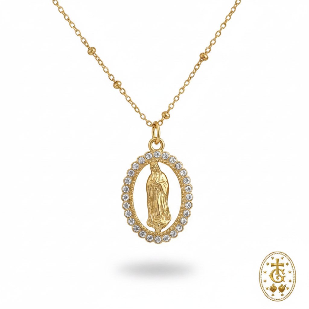 Collier médaille Madone ajourée cristal doré Collection Céleste bijou religieux corse Gloriosa Santa