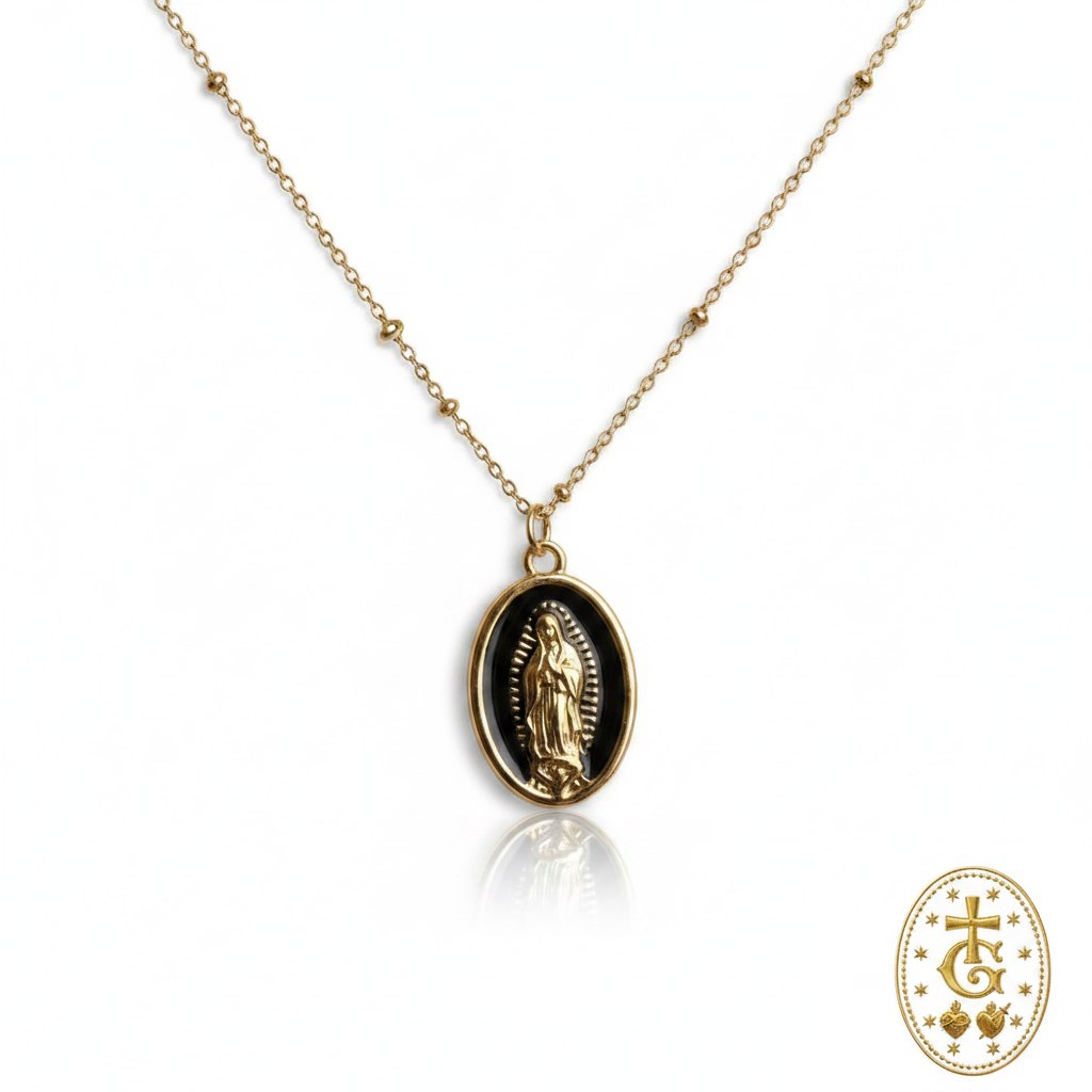 Collier médaille Madone émail minimaliste doré noir bijou religieux corse Gloriosa Santa