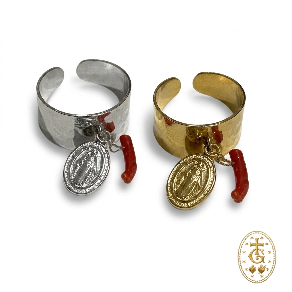 Bague Réglable Vierge & Corail — Acier Martelé Corse