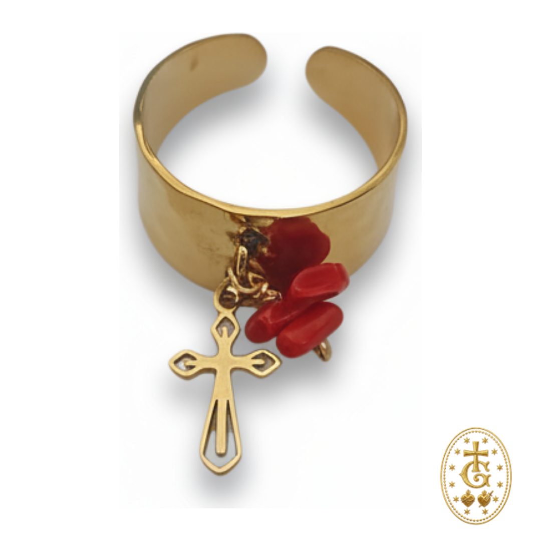 Bague Réglable Croix & Corail Acier Martelé Corse