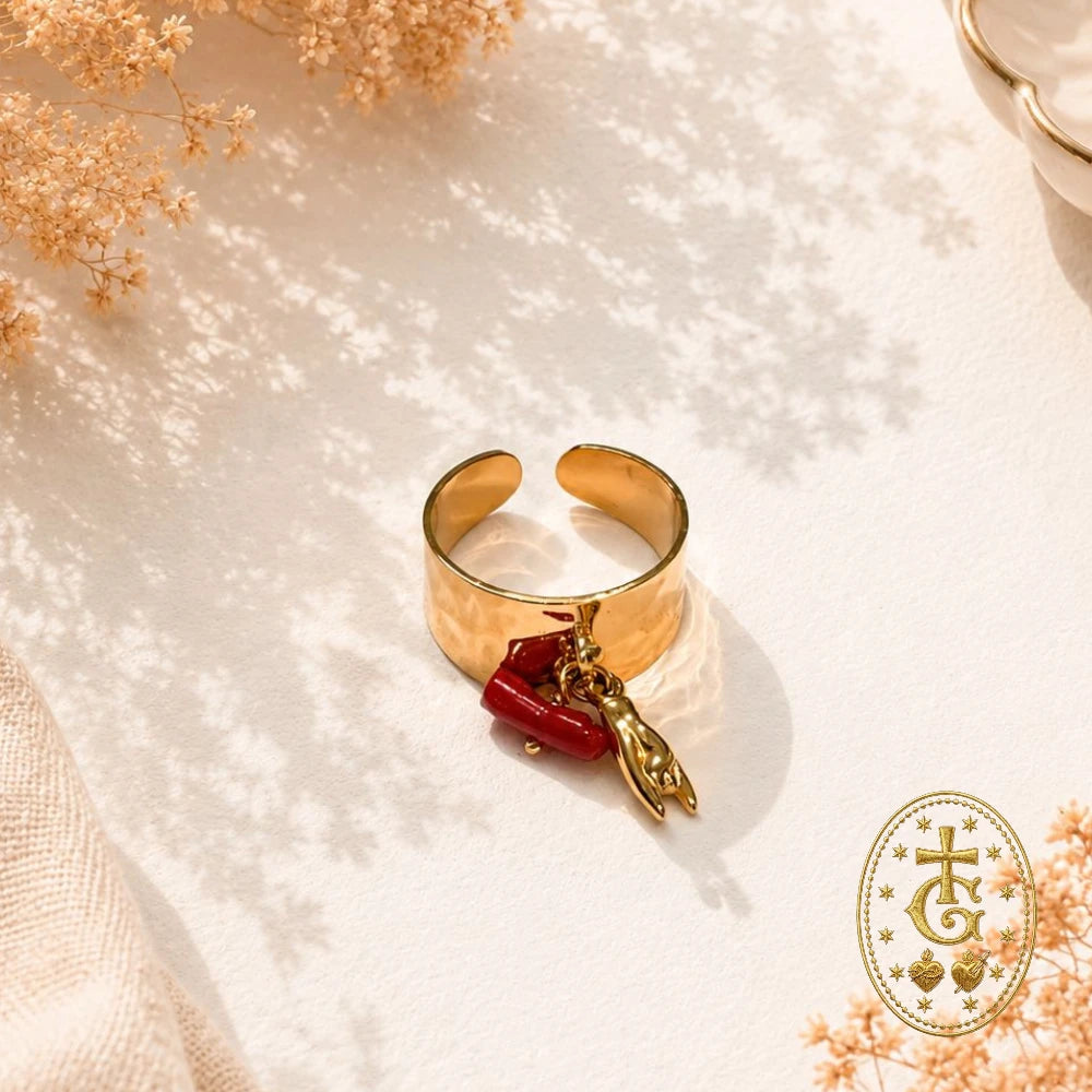 Bague Réglable Corne & Corail — Acier Martelé Corse