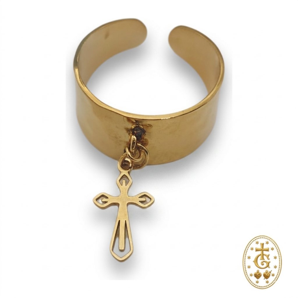 Bague Réglable Breloque Croix — Acier Martelé Corse