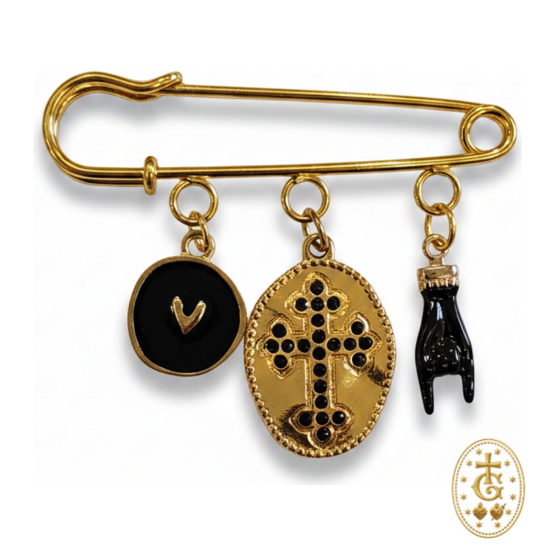 Broche charms noir dorée croix sacrée cœur main de protection bijou artisanal corse Bastia Gloriosa
