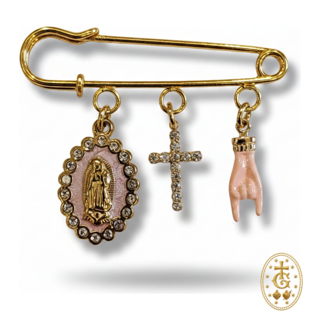 Broche charms rose dorée croix sacrée Santa Maria main de protection bijou corse Bastia Gloriosa
