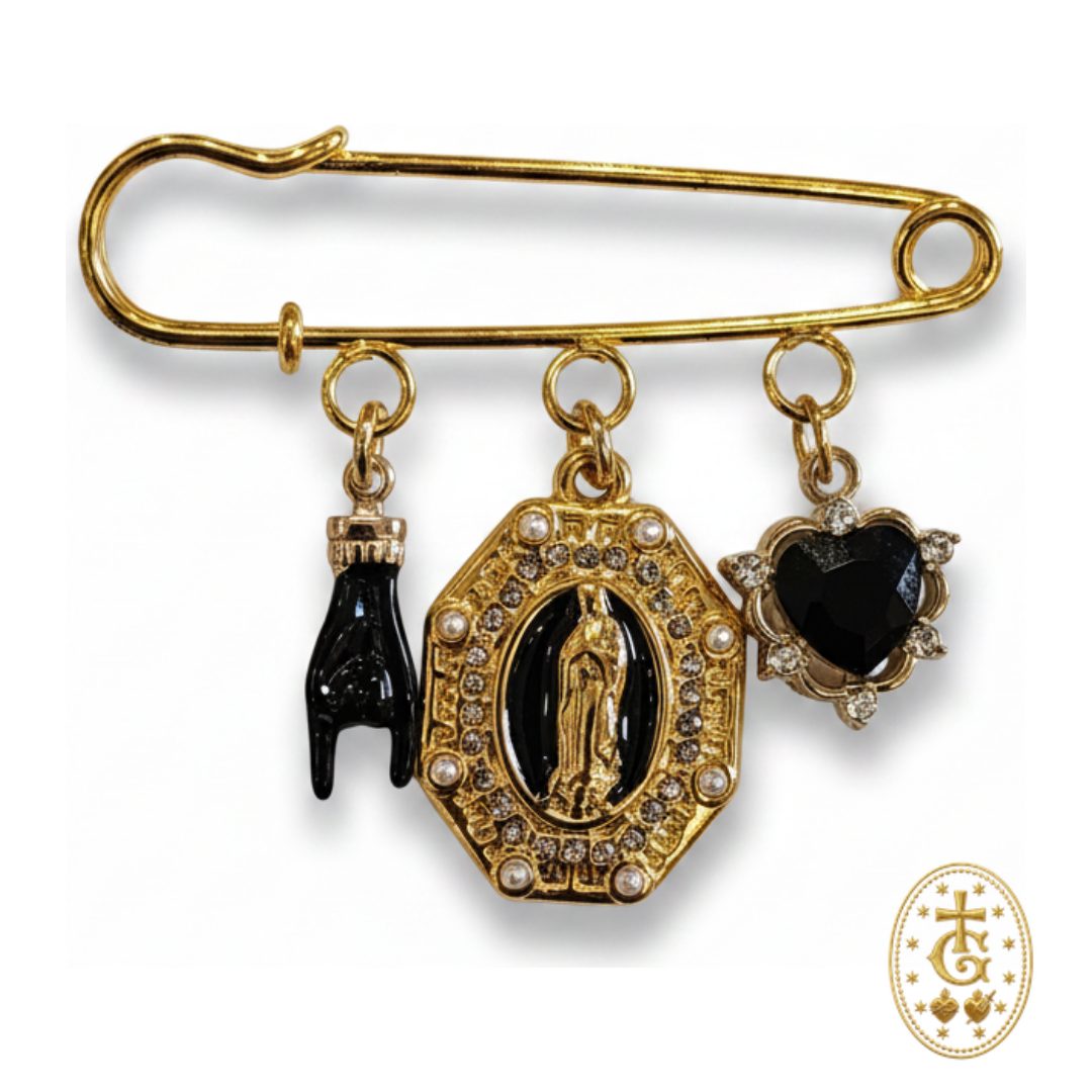 Broche charms noir dorée Vierge main de protection cœur bijou religieux corse Bastia Gloriosa