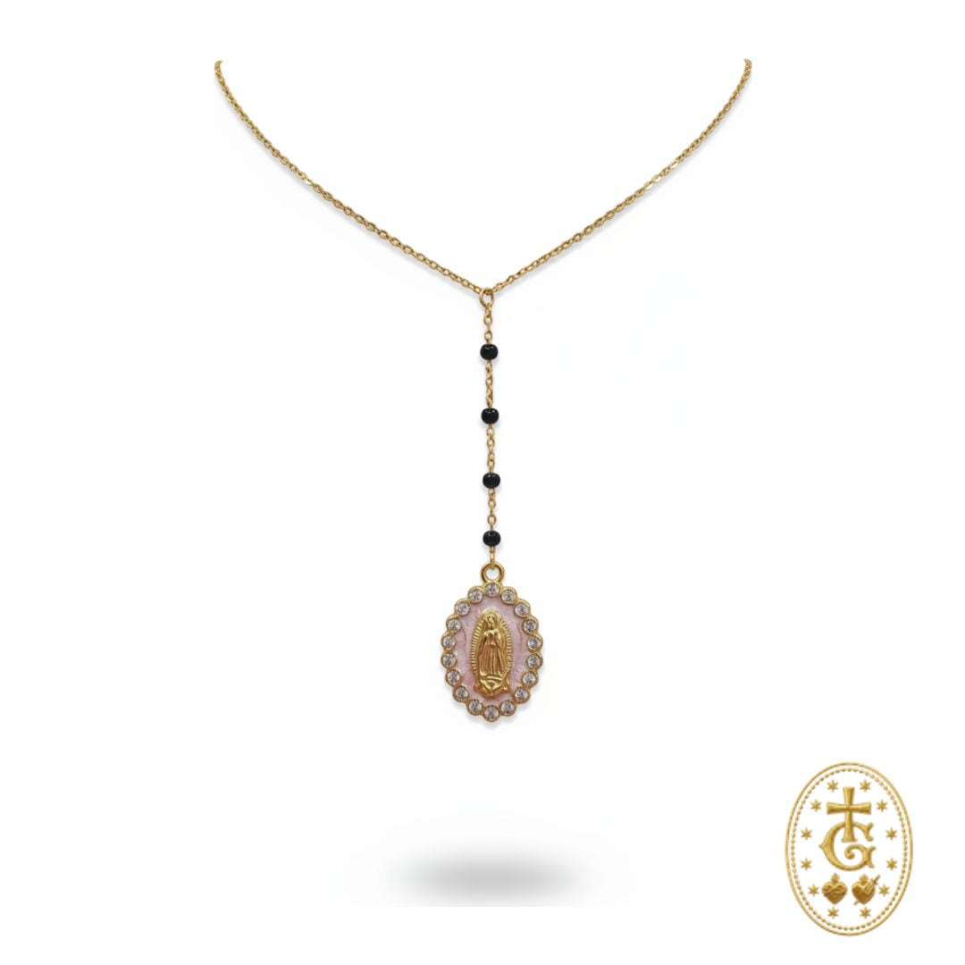 Chapelet Vierge Cristaux & Fond rose