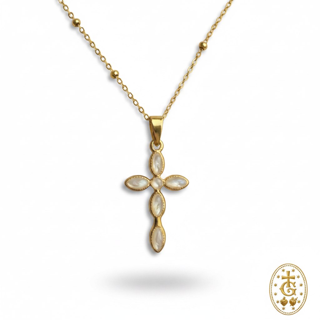 Collier croix émail nacré 3,3 cm bijou religieux corse Gloriosa Santa