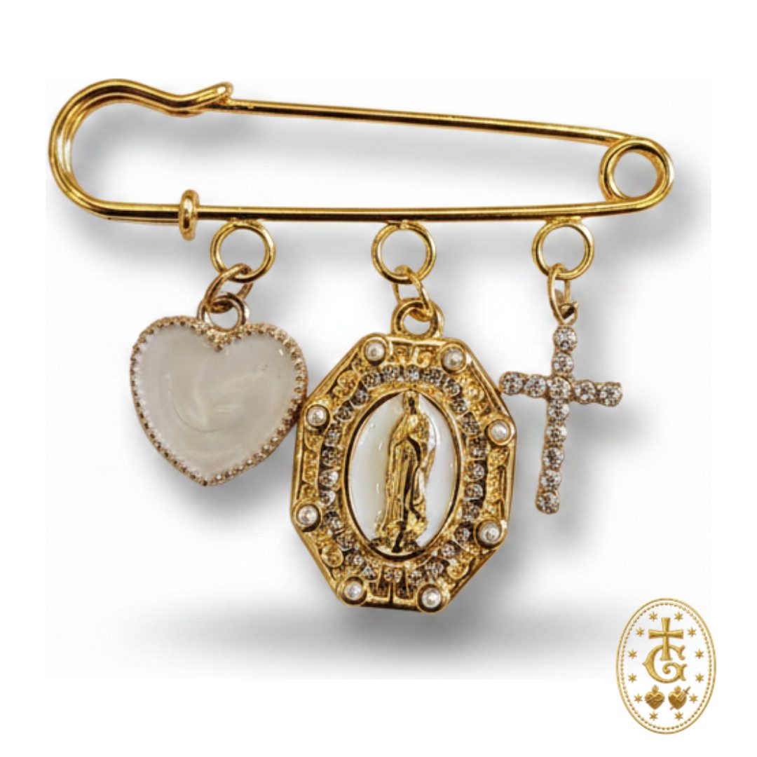 Broche charms blanc dorée Vierge croix sacrée cœur bijou religieux corse Bastia Gloriosa