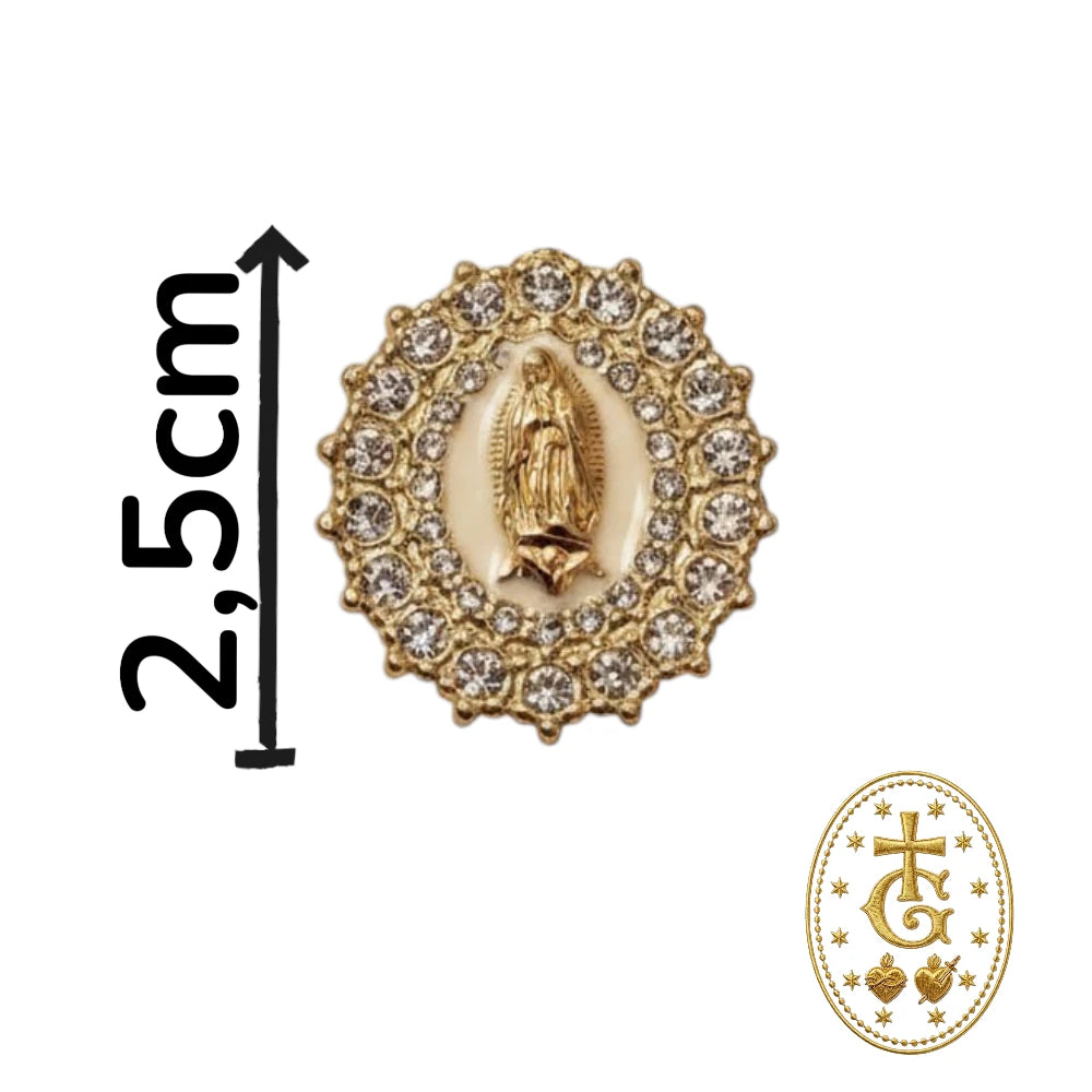 Collier Médaille Vierge Marie Émail Blanc Cristaux Dorée — 2,5 cm