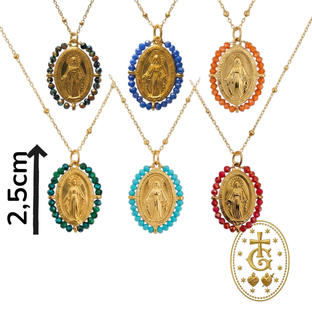 Collier Médaille Vierge Marie Perles Facettées — 6 Coloris 2,5 cm