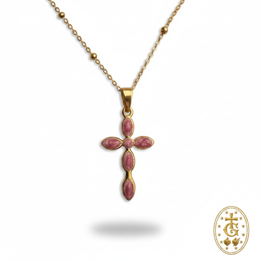 Collier croix émail pierre centrale rose 3,3 cm bijou religieux corse Gloriosa Santa