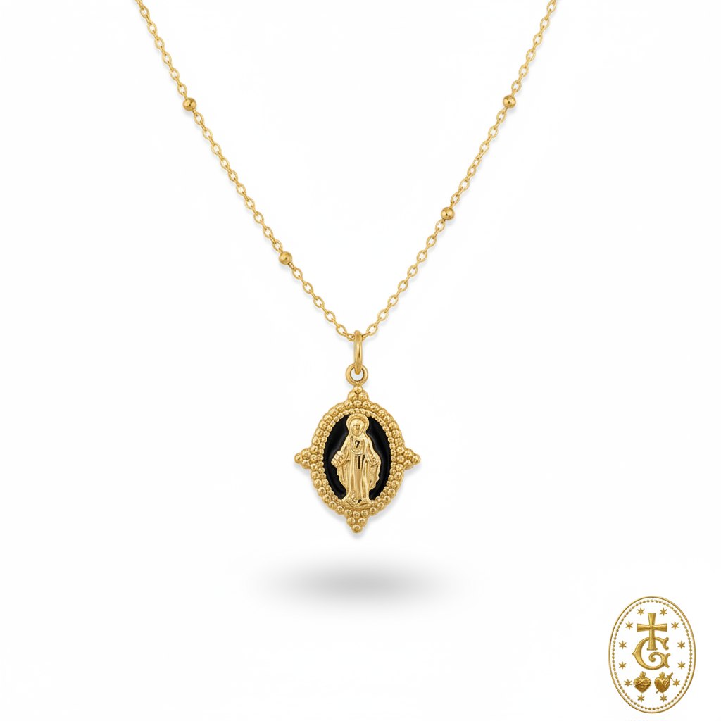 Collier médaille Vierge Marie émail noir 1,8 cm chaîne perlée bijou religieux corse Gloriosa Santa