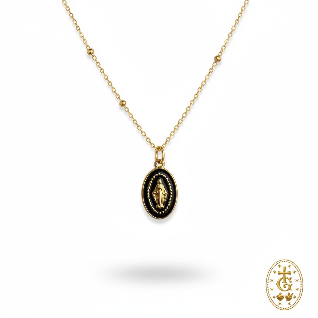 Collier médaille Vierge Marie émail noir chaîne perlée 1,5 cm bijou religieux corse Gloriosa Santa