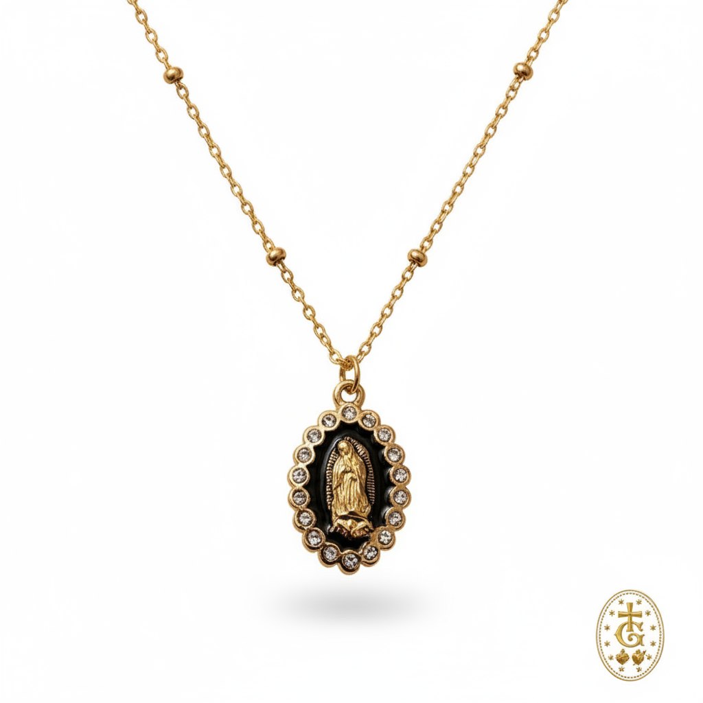 Collier médaille Madone émail strass doré noir bijou religieux corse Gloriosa Santa
