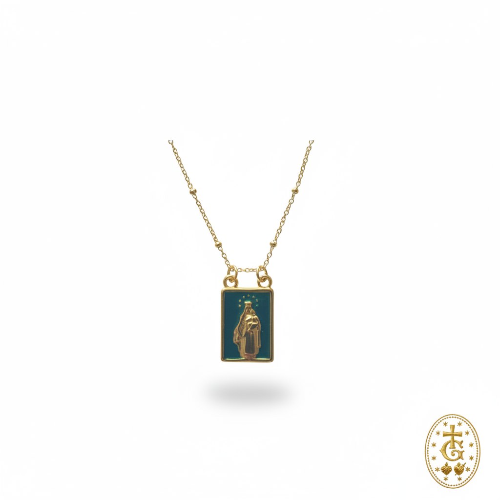 Collier chaîne or pendentif émail bleu Vierge Marie gloriosa