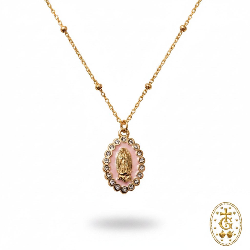 Collier médaille Madone émail strass doré rose bijou religieux corse Gloriosa Santa