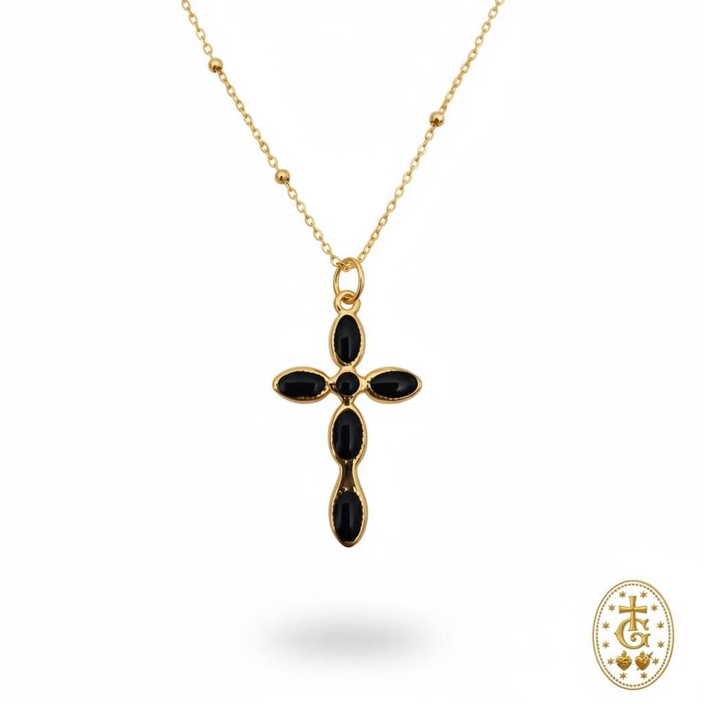 Collier croix émail pierre centrale noire 3,3 cm bijou religieux corse Gloriosa Santa