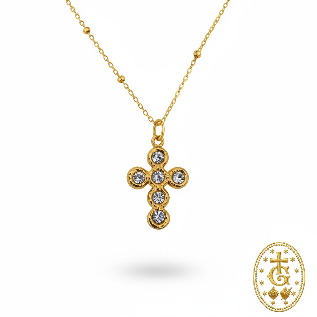 Collier croix strass dorée chaîne à billes 1,5 cm bijou religieux corse Gloriosa Santa