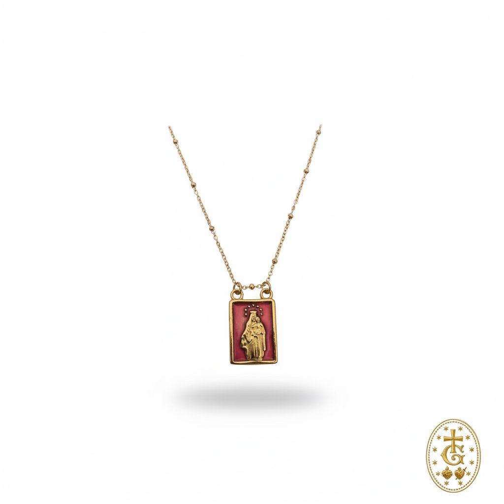 Collier doré chaîne perlée et pendentif rectangulaire rouge avec Vierge à l'Enfant gloriosa