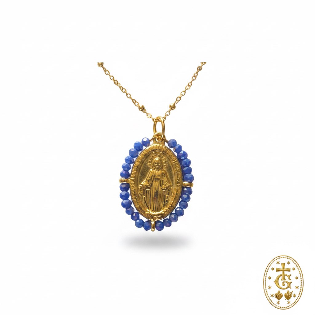 Collier avec pendentif médaille miraculeuse en or entourée de perles bleues gloriosa
