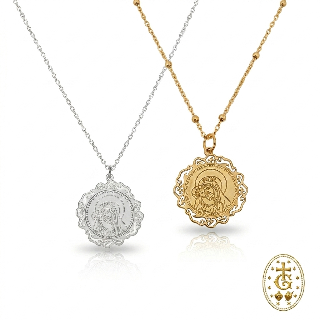 Collier Médaille Vierge à l'Enfant Dentelle — Dorée ou Argentée 2,3 cm