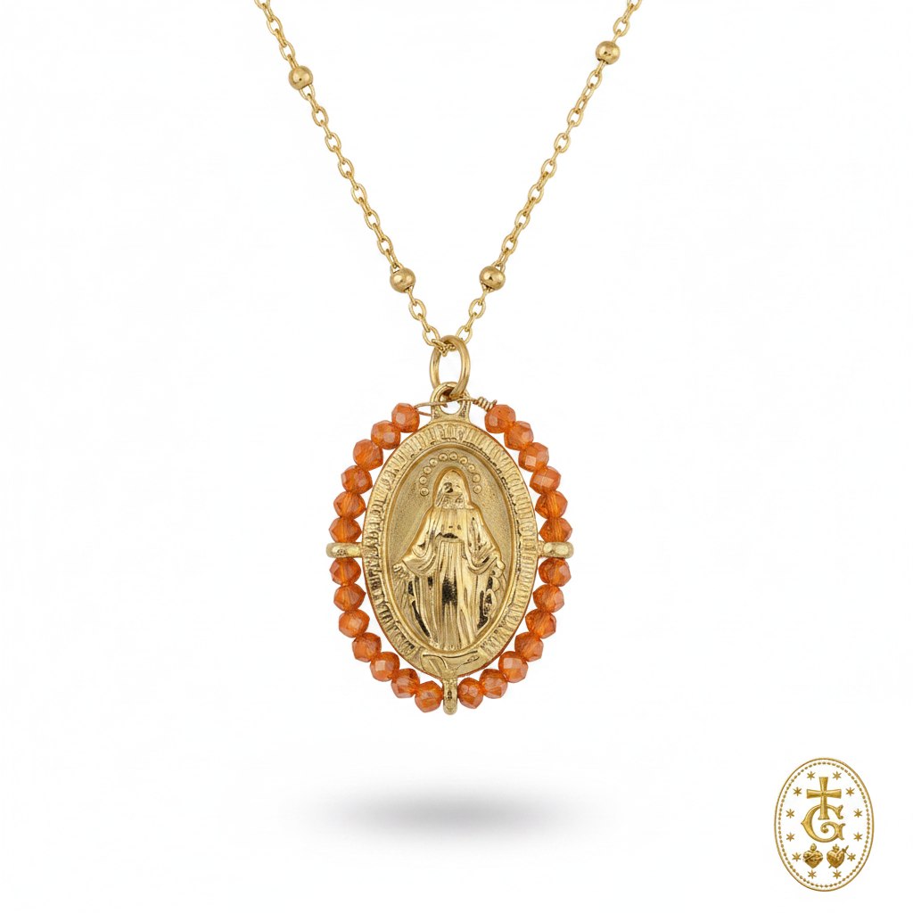 Collier or pendentif ovale religieux Vierge et perles corail gloriosa
