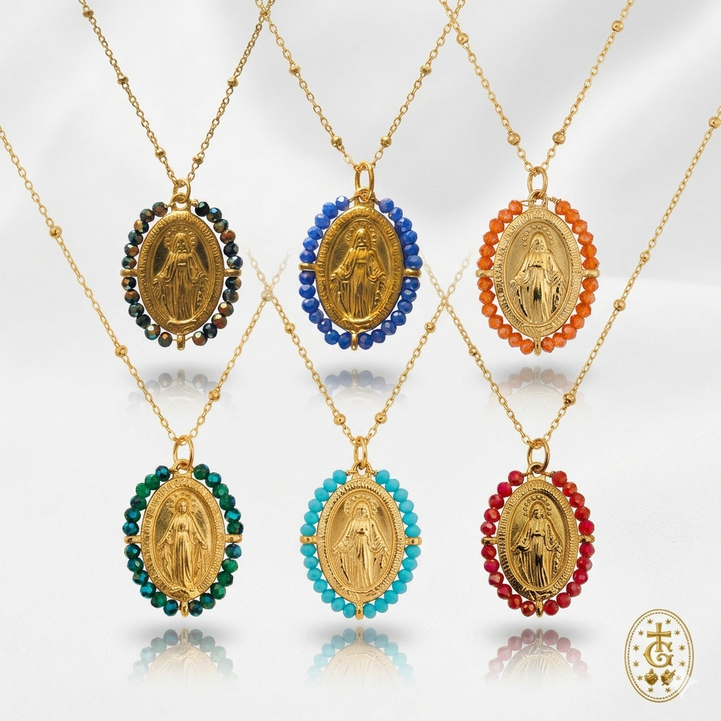 Collier Médaille Vierge Marie Perles Facettées — 6 Coloris 2,5 cm