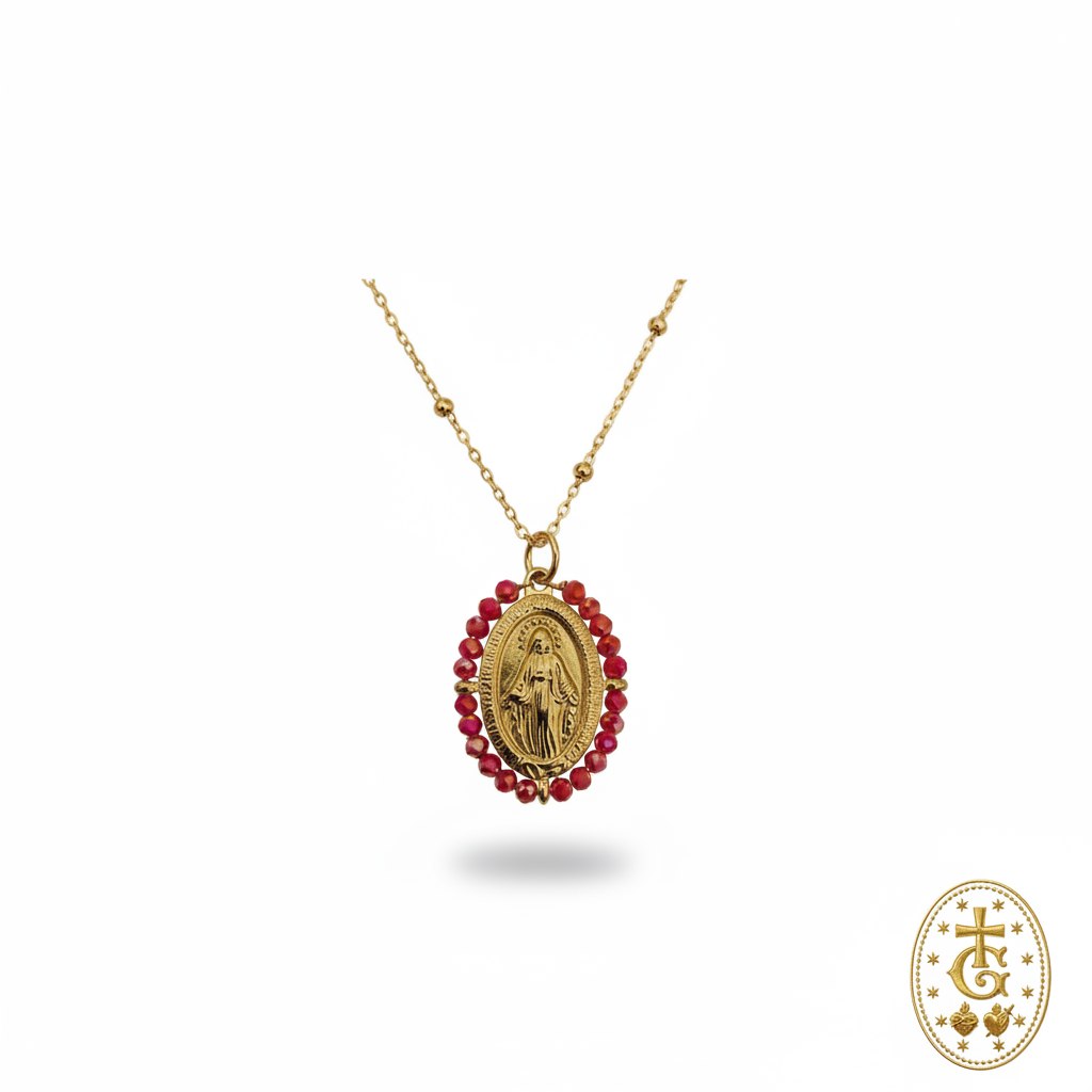 Collier médaille Vierge Marie perles facettées rouges 2,5 cm bijou religieux corse Gloriosa Santa