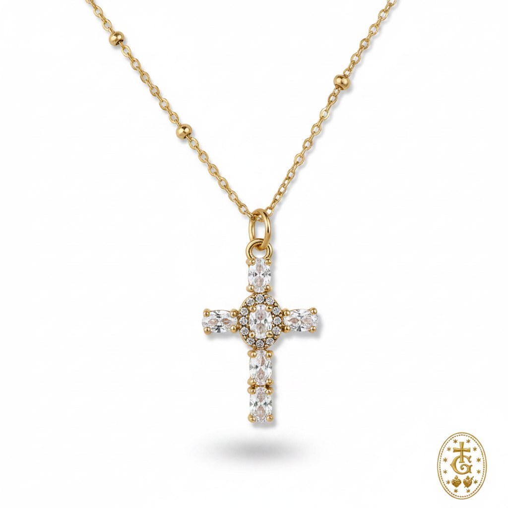 Collier croix cristal facetté strass doré Éclat Radiant bijou religieux corse Gloriosa Santa