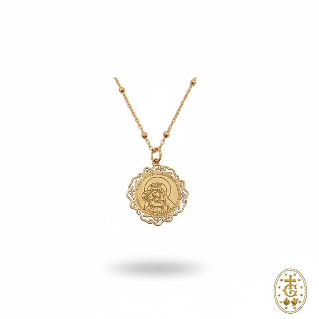 Collier médaille Vierge à l'Enfant dentelle dorée 2,3 cm bijou religieux corse Gloriosa Santa