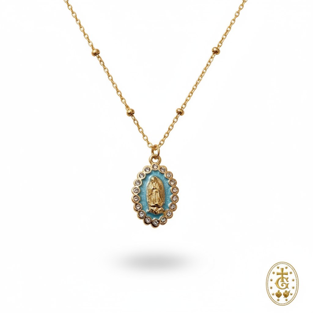 Collier médaille Madone émail strass doré bleu turquoise bijou religieux corse Gloriosa Santa