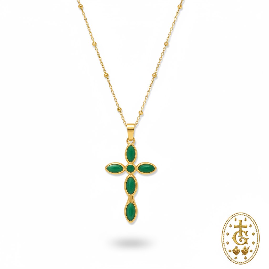 Collier or jaune pendentif croix pierres vertes cabochon ovale gloriosa