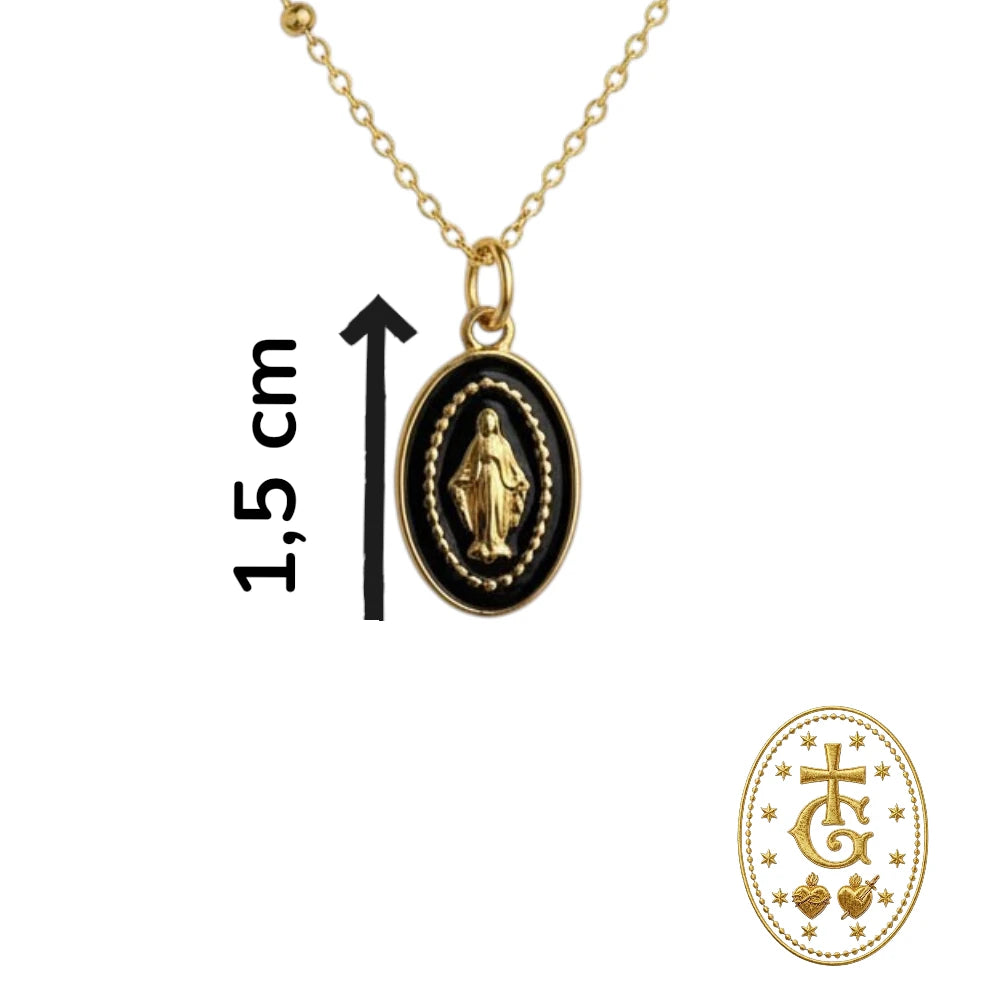 Collier Médaille Vierge Marie Émail Noir — Chaîne Perlée 1,5 cm