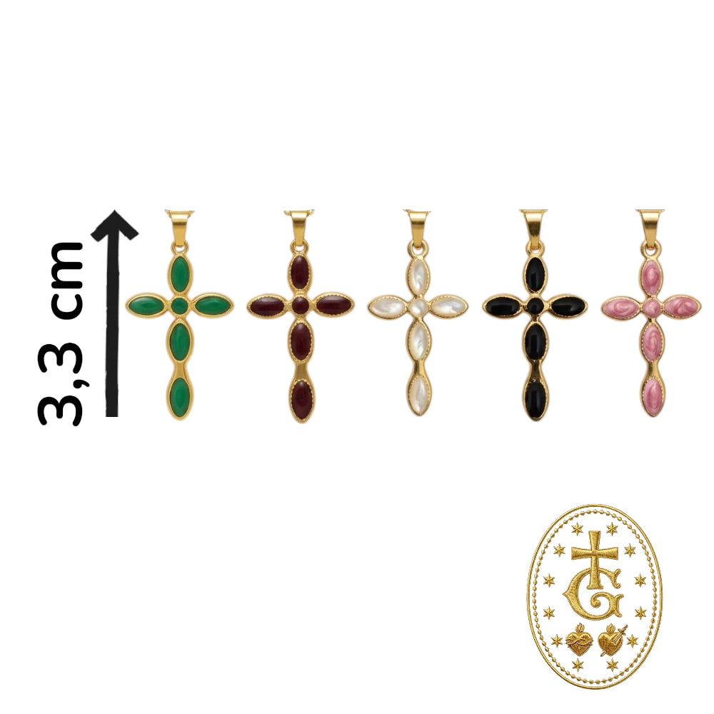 Collier Croix Émail & Pierre Centrale — 5 Coloris 3,3 cm