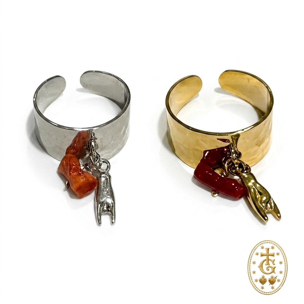 Bague Réglable Corne & Corail — Acier Martelé Corse