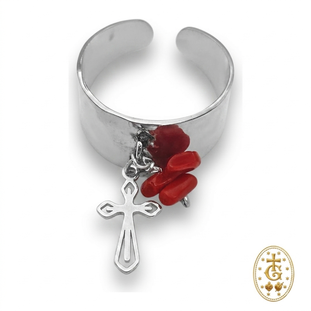 Bague Réglable Croix & Corail Acier Martelé Corse