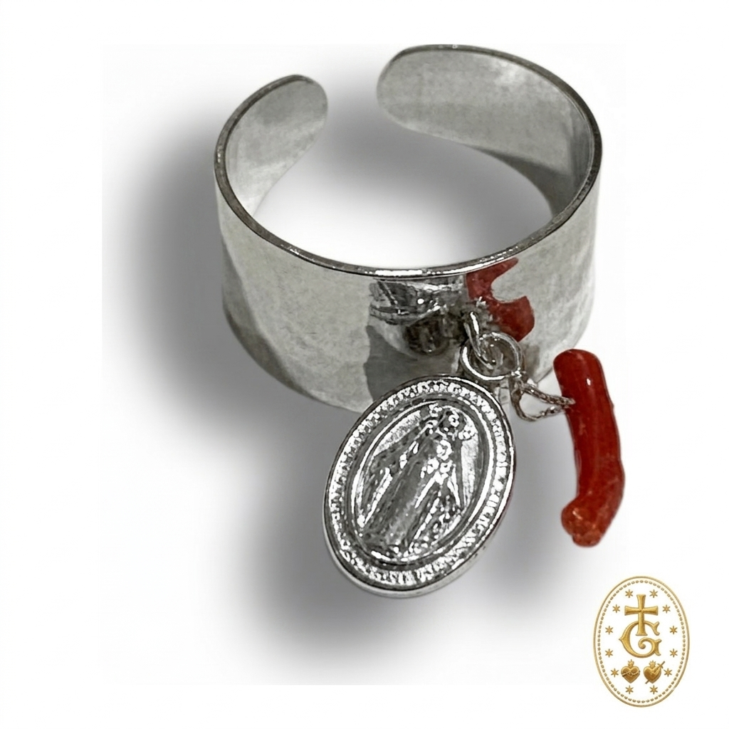 Bague Réglable Vierge & Corail — Acier Martelé Corse