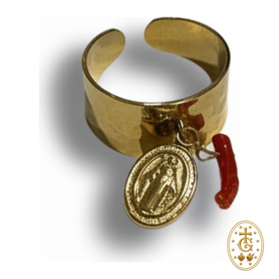 Bague Réglable Vierge & Corail — Acier Martelé Corse