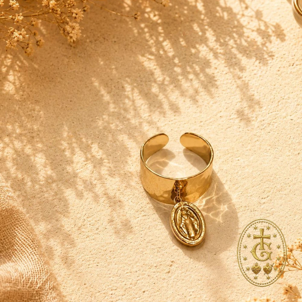 Bague Réglable Vierge Porte-Bonheur — Acier Martelé Corse