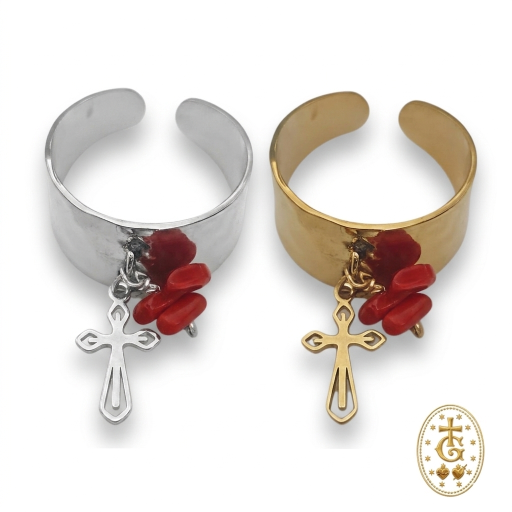 Bague Réglable Croix & Corail Acier Martelé Corse
