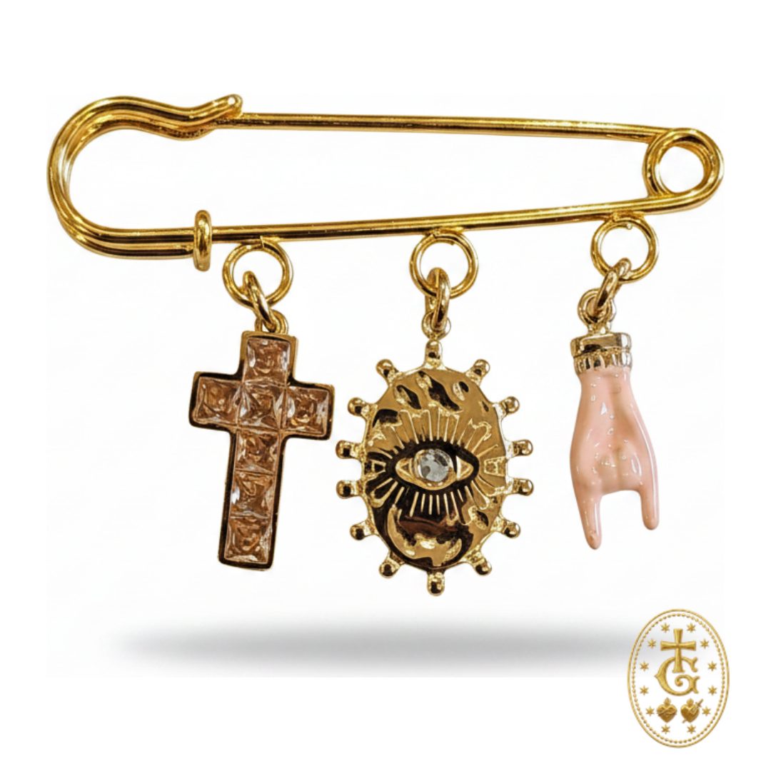 Broche charms dorée œil main de protection croix sacrée bijou religieux corse Bastia Gloriosa