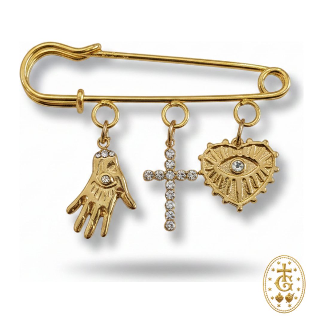 Broche charms dorée croix main œil de protection talisman méditerranéen corse Bastia Gloriosa