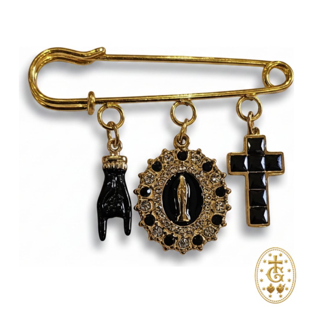 Broche charms noir doré main de protection croix sacrée bijou artisanal corse Bastia Gloriosa