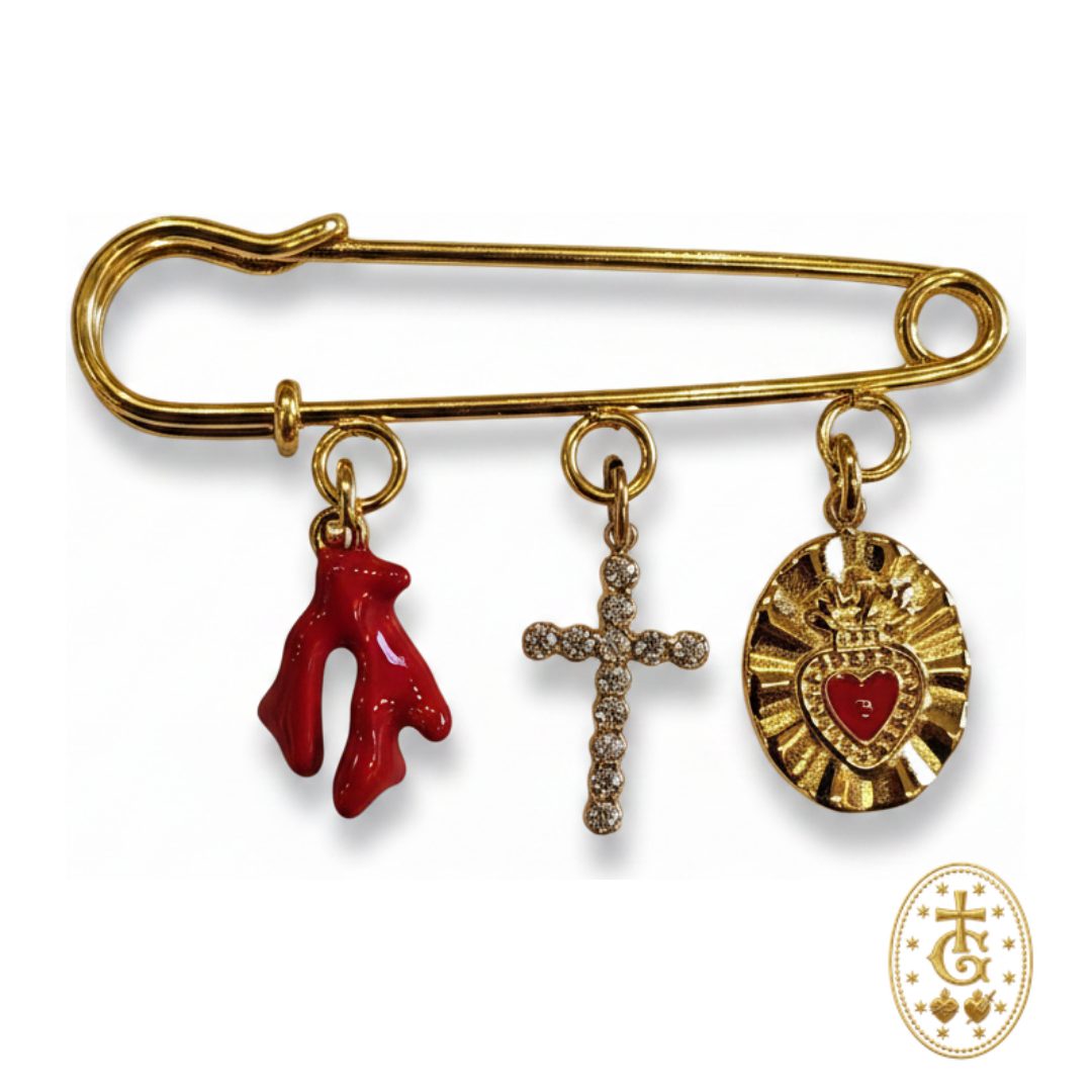 Broche charms rouge dorée croix sacrée corail méditerranéen cœur bijou religieux corse Bastia Gloriosa